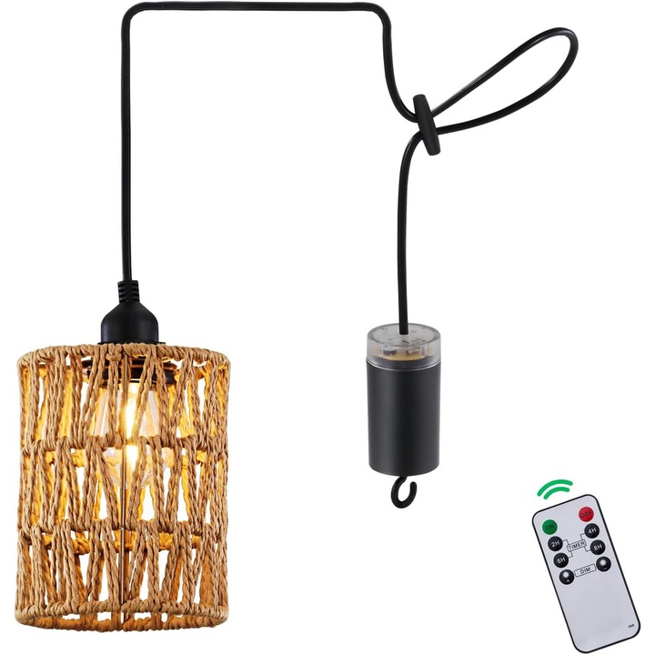 Lustra suspendata ratan, boho, alb cald, 12cm, telecomanda, rezistenta la apa