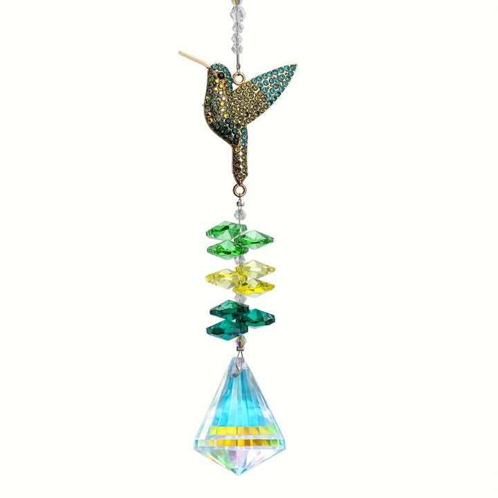 Set 2 piese ornament cu colibri din cristale si rhinestones, decoratiune pentru fereastra, multicolor