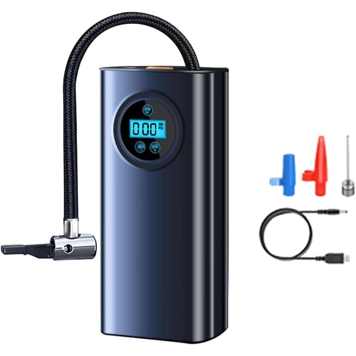 Compresor portabil pentru anvelope, cu ecran LCD, 3 adaptoare, acumulator reincarcabil 3600 mA, dimensiuni compacte