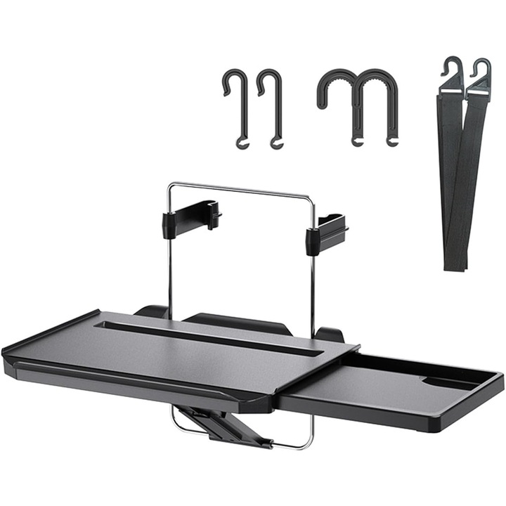 Multifunkcionális autós tartó fiókkal, összecsukható asztallal, állítható magassággal, az autó hátuljára, fekete színben