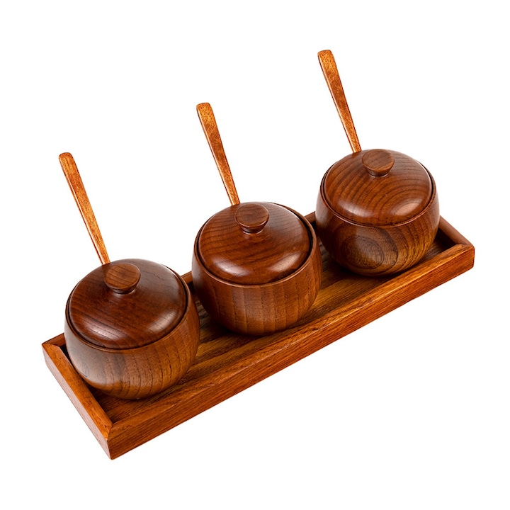 Set de borcane pentru condimente din lemn natural cu capac din lemn, 8x9cm, cu lingura