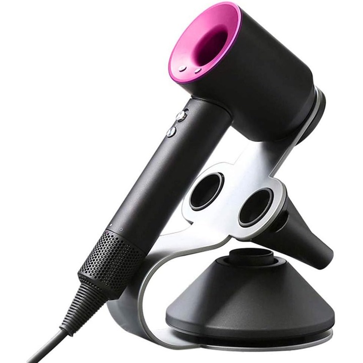 Suport pentru uscator de par, 3 in 1, cu suport pentru difuzor si 2 duze, aluminiu, design elegant