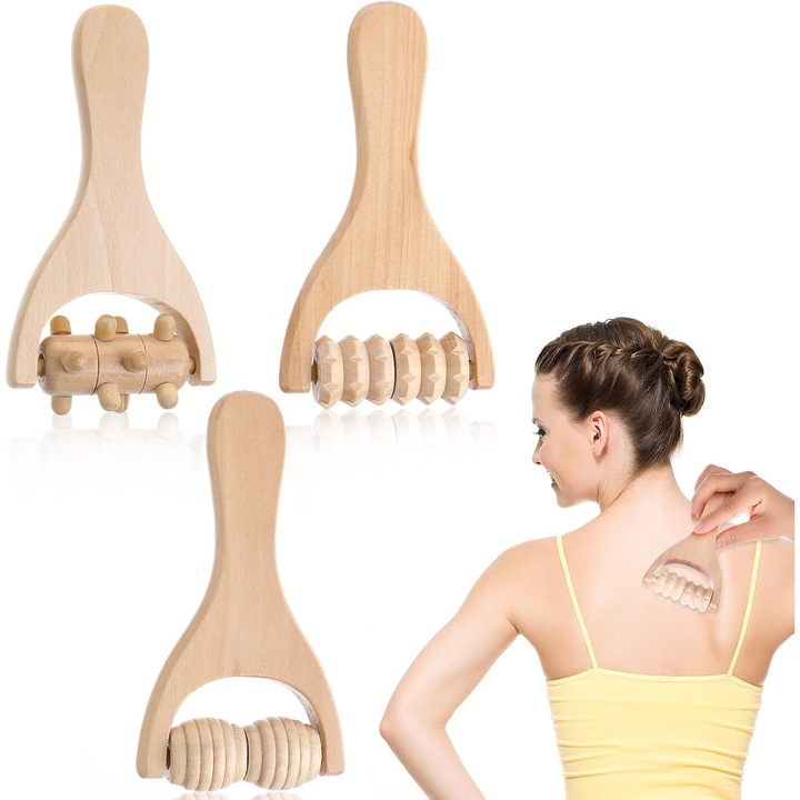 Set mini-aparate de masaj din lemn, instrument manual pentru relaxarea mușchilor, drenaj limfatic și reducerea celulitei, pentru corp, picioare, coapse și mâini