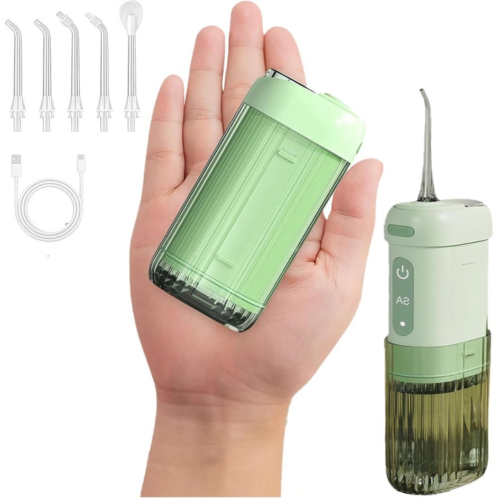 Hordozható szájzuhany, 4 üzemmód, 5 fúvóka, 200 ml-es teleszkópos víztartály, IPX7 vízálló kivitel, újratölthető