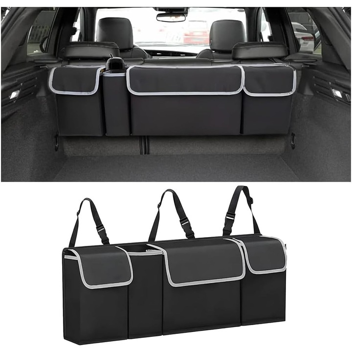 Organizator portbagaj auto, capacitate mare, negru, 90x46x26cm, set cu retea elastica si 4 bete magice