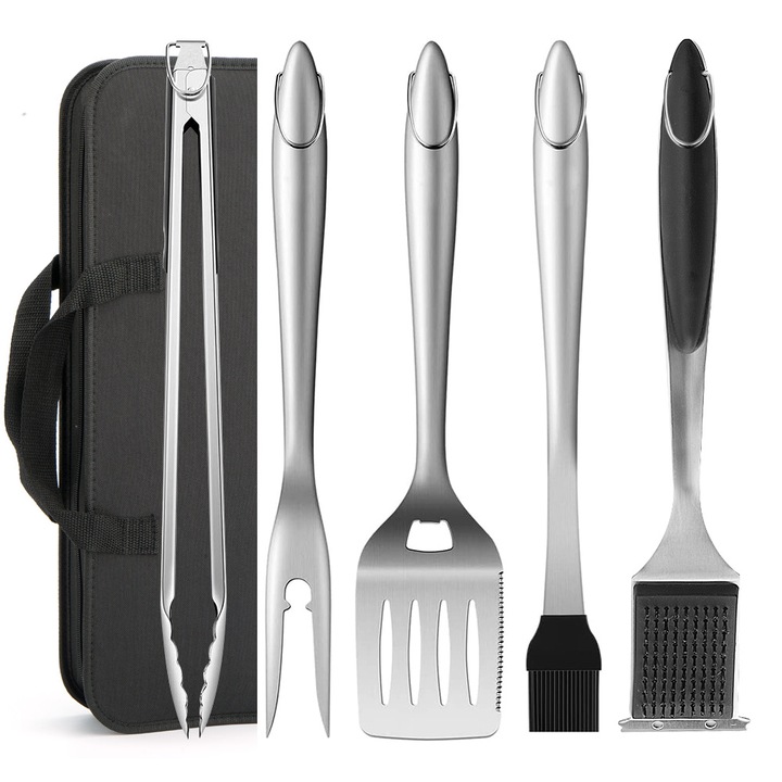 Set ustensile gratar din inox, 6 piese, spatula, cleste, furculita, perie de curatare, geanta de transport, 45cm