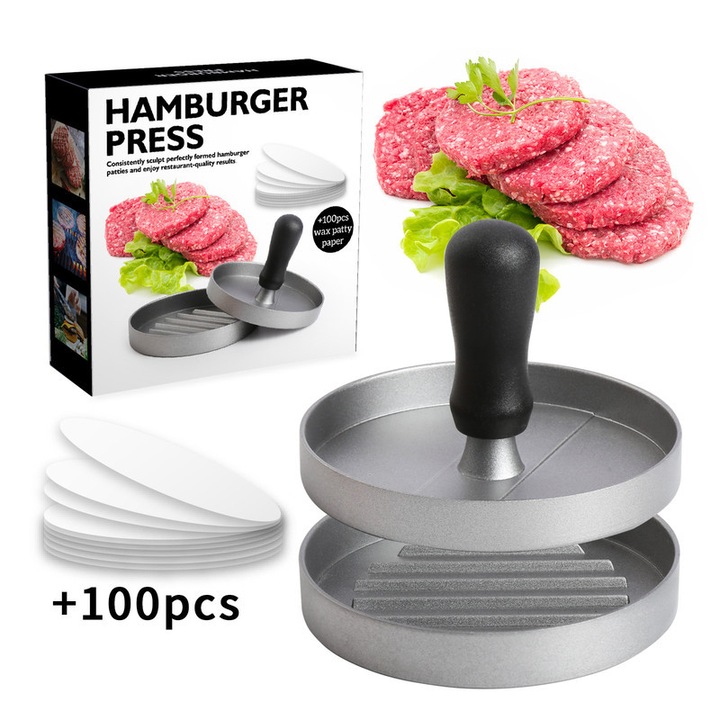 Öntött alumínium hamburgerprés, 11,8 cm, tapadásmentes, könnyen tisztítható