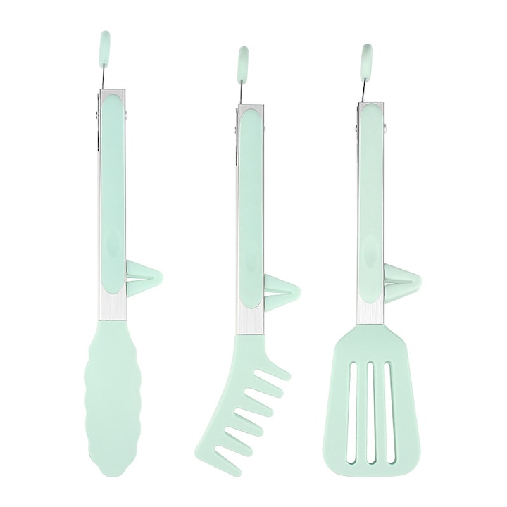 Set 3 polonice din inox cu manere din silicon, pentru salate, paste, gratar, multicolor