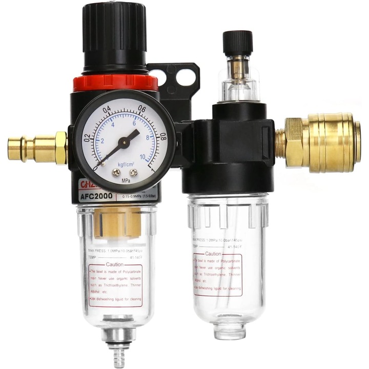 Separator apa-ulei pentru compresor, 1/4", cu manometru, 10 bar, 5-60°C, set cu cuplaje rapide