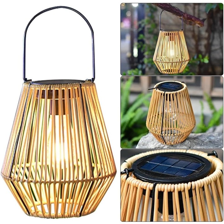 Lanterna decorativa solara din ratan, design retro, impermeabil IP44, pentru gradina, terasa, set de 2 bucati