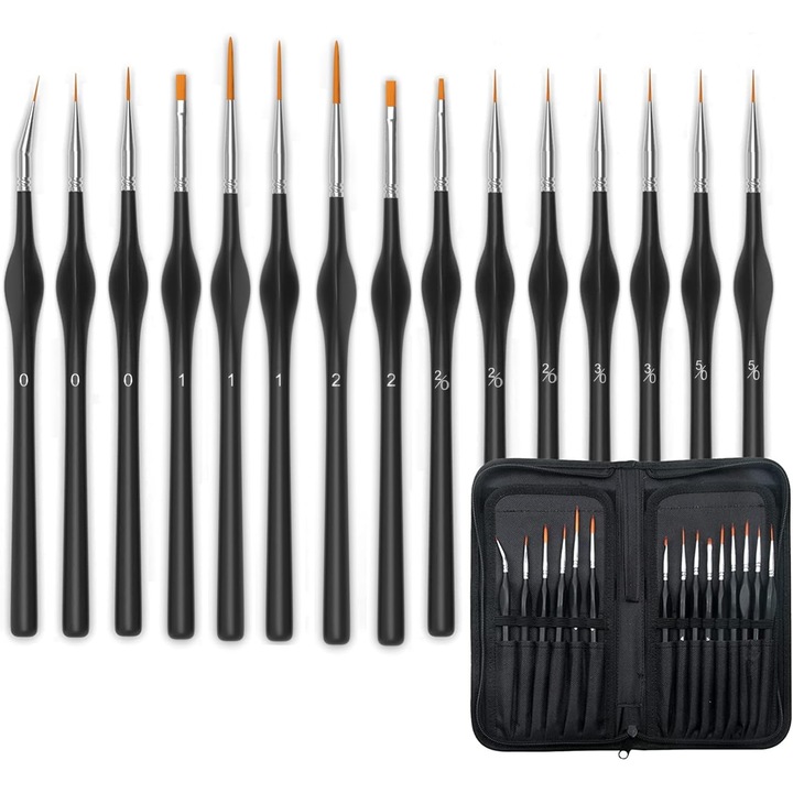 Set de 15 pensule detaliu cu etui, pensule miniatura pentru pictura, ergonomice, sintetic