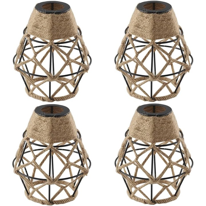 Coliva metalica, abajur tesut manual din franghie de iuta naturala neutra, iluminat in stil industrial cu modele elegante pentru lampi de perete, lampi de tavan/pendant, lampi de masa/podea, decor pentru casa - Pachet de 4