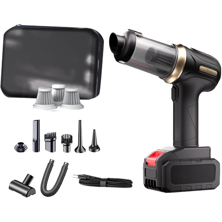 Aspirator auto portabil 4-in-1, 28,000Pa putere de aspiratie, functie de suflare, mini aspirator fara fir reincarcabil