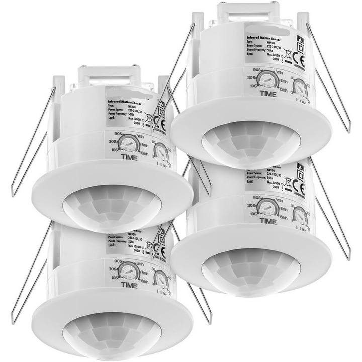 Set 4 senzori de miscare infrarosu pentru montare pe tavan, 360° zona de detectie, 6 m, senzor de lumina integrat, alb