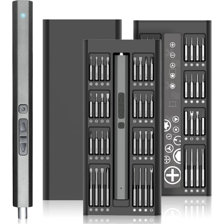 Kit de mini-surubelnite electrice 66 in 1, 2 reglaje de cuplu, etui magnetic retractabil, 200 tr/min, USB Type-C