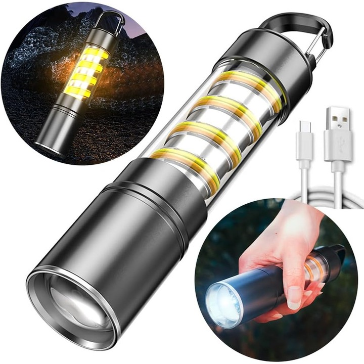 LED фенер с USB-C, 5 режима на осветление, 1200mAh, преносим дизайн, размери 17.5x3.6x3.6cm