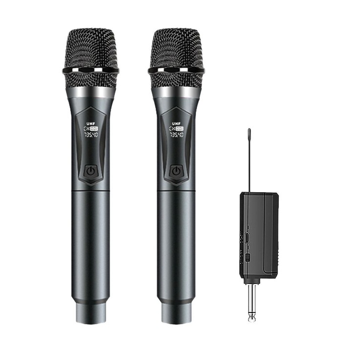 Set microfoane wireless karaoke cu anulare inteligenta a zgomotului, display LED, autonomie 8 ore, 25x5cm, gri