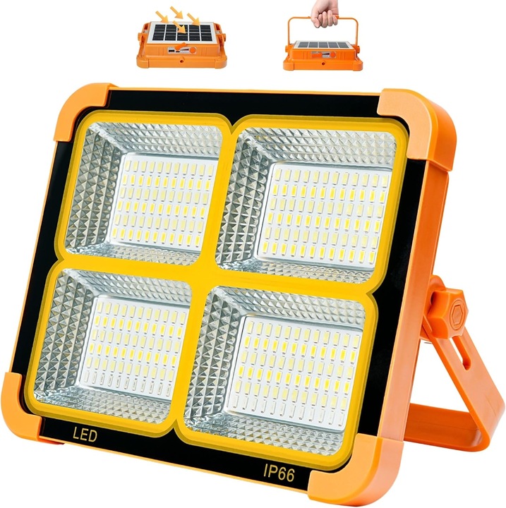 Lampa solara de lucru, 4 panouri LED, constructie rezistenta la intemperii, portabila, 6500 Kelvin, 6 ore iluminare