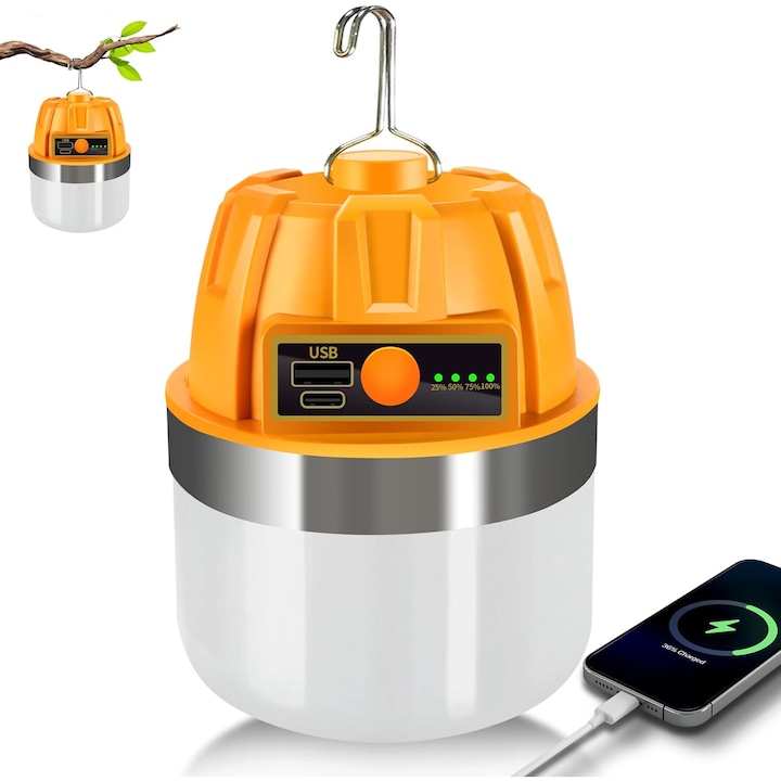 Lampa de camping reincarcabila, 2500LM, 13600mAh, 4 moduri de iluminare, impermeabila IPX5, functie power bank