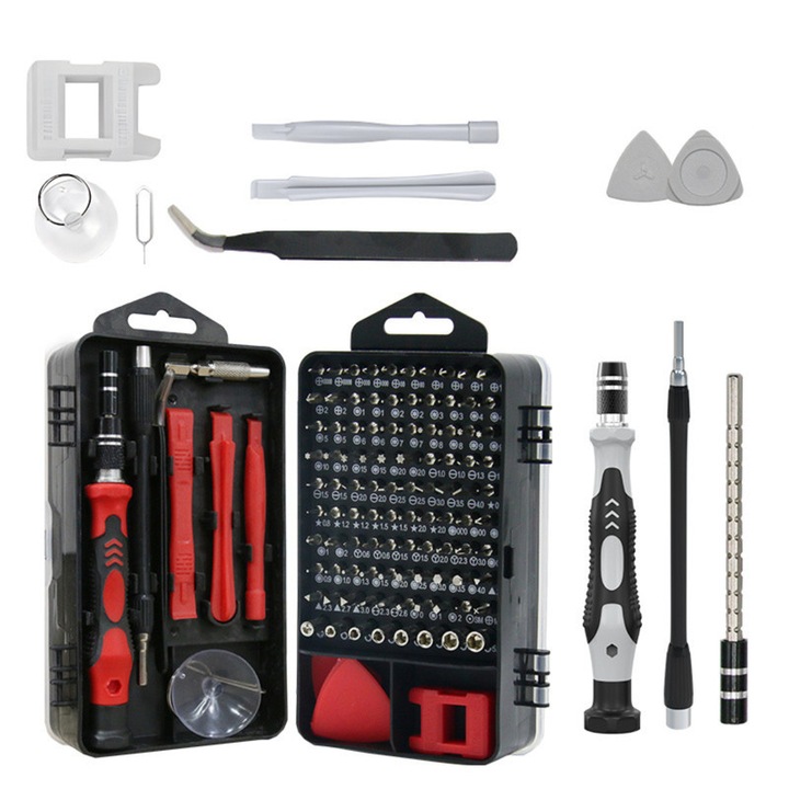 115 az 1-ben csavarhúzó készlet, 100 bit, 15 kiegészítő, piros