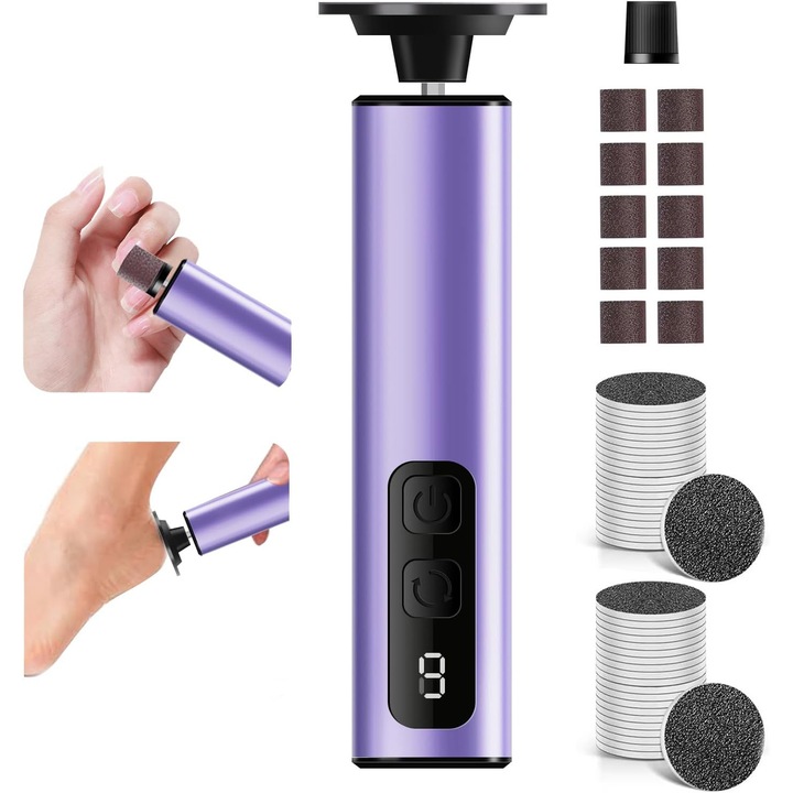 Dispozitiv electric 2 in 1 pentru indepartarea calusurilor si lustruirea unghiilor, 9 viteze, design fara fir, 40 servetele pentru picioare, 10 servetele pentru unghii