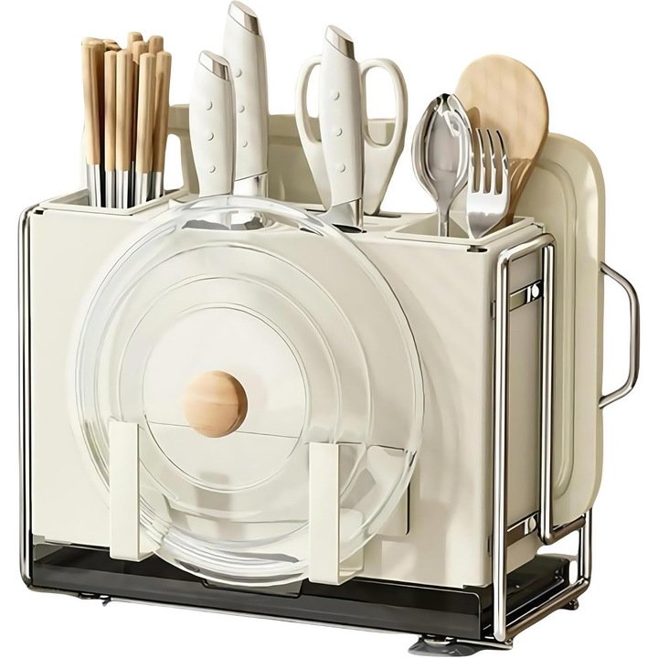 Univerzális evőeszköztartó, rendszerező késekhez, 6 tartó, 2 evőeszköztartó, 1 vágódeszka, sokszínű, nagyméretű