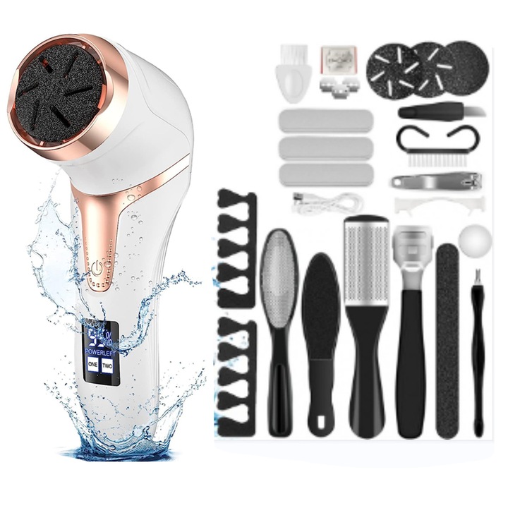 Set aparat electric pentru indepartarea calusurilor, 3 capete de slefuit, incarcabil, waterproof, 2 viteze, cu aspirator de pielite
