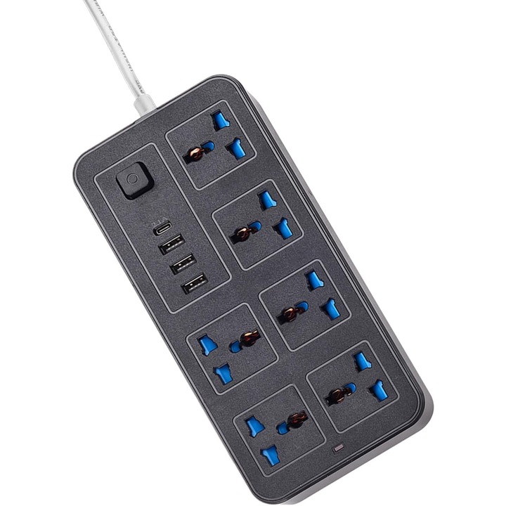 Разклонител с 6 контакта, 3 USB, 1 Type C, 1.8м, с бутон за включване/изключване