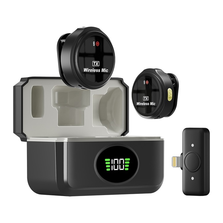Microfon lavalier wireless pentru iPhone/iPad, set 2-in-1 cu carcasa de incarcare, anulare zgomot, microfon condensator omnidirectional