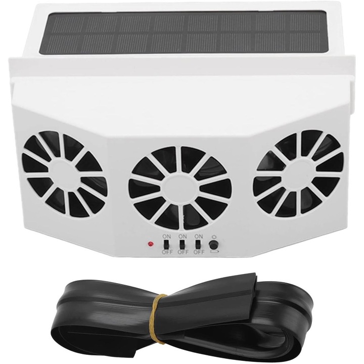 Ventilator auto solar cu 3 ventilatoare, eficienta energetica, eliminare mirosuri, unghi larg, compatibil cu majoritatea geamurilor auto