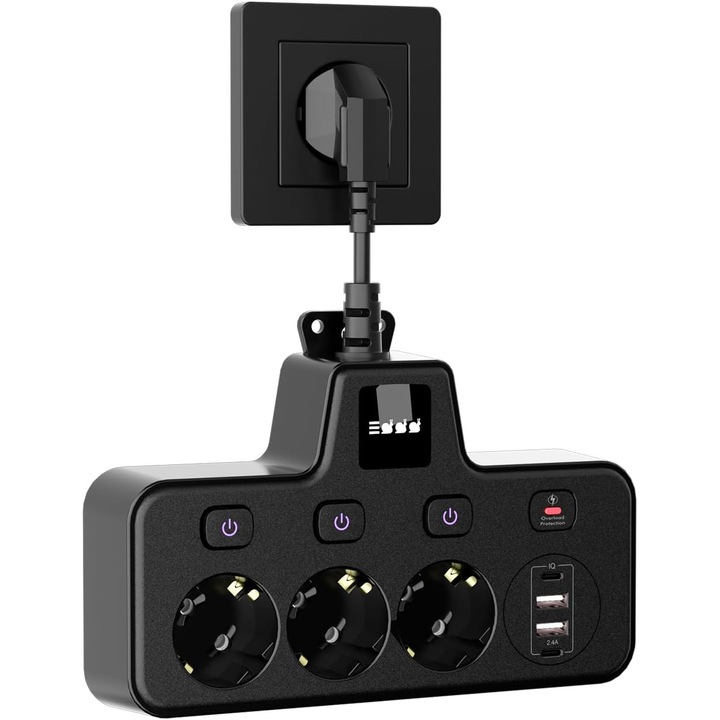 Мултифункционален разклонител с 3 гнезда, 2 USB A порта за бързо зареждане и 2 Type-C порта за бързо зареждане, нощна лампа със сензорен екран (3 нива на яркост), разклонител с индивидуални превключватели за офис, дом, пътуване, черен