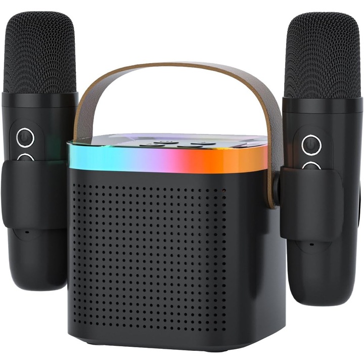 Mini-karaoke hordozható vezeték nélküli mikrofonokkal, LED fényekkel, 5 hanghatással, gyerekeknek és felnőtteknek