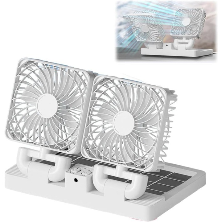 Autó ventilátor, hordozható hűtő, állítható hűtőventilátor két légfejjel, szolár tápellátás, 4800mAh akkumulátor, 180x360 vezérlés, 3 sebesség