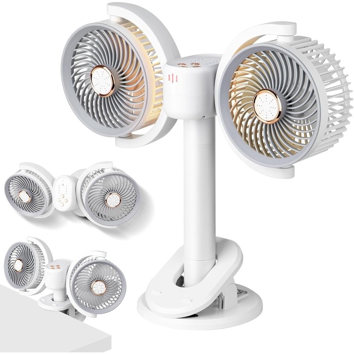 Hordozható asztali ventilátor két fejjel, újratölthető LED lámpával, falra szerelhető, ultra csendes, 360°-ban forgatható