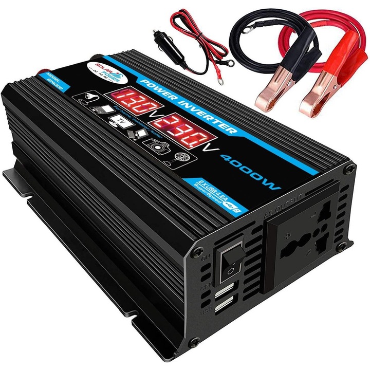Invertoare auto 4000W, 1 priza AC, 2 porturi USB, protectie multi, compact