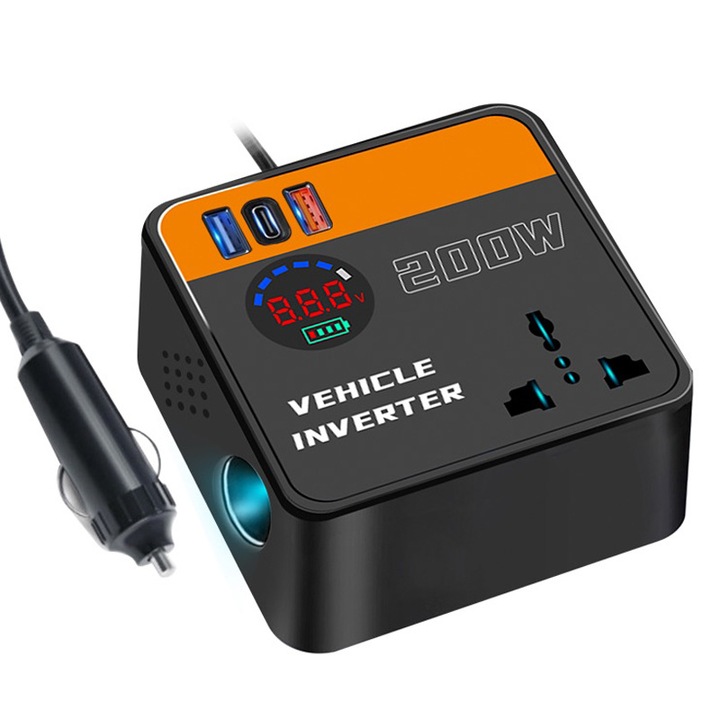 Inverter auto 200W cu 2 porturi USB si 1 port Type-C, compact, 15x15x5cm