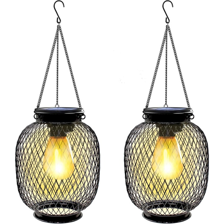 Lampi solare, set 2 buc, design vintage, metal, IP65, lumina calda, pentru gradina