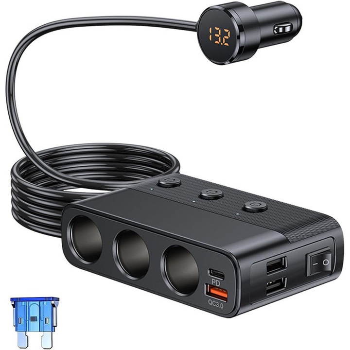 Adaptor auto cu 3 prize pentru bricheta, 127W, 3 porturi USB QC 3.0/PD, 12V/24V, cablu 1m, cu comutator individual