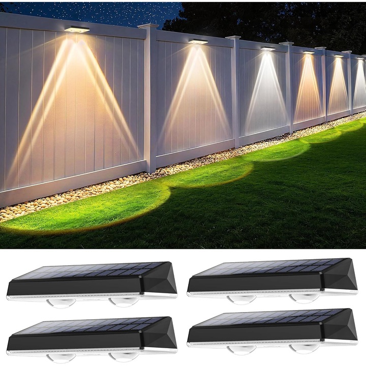 Lampi solare de perete, 4 unitati, 3 moduri de iluminare, alb, IP67, pentru gradina si gard