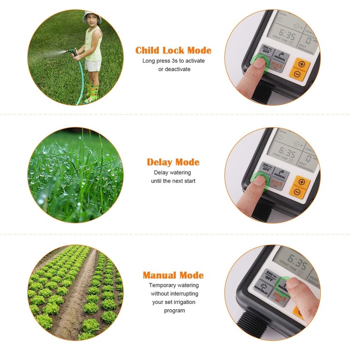 Автоматичен таймер за поливане на градина, с връзка за кран за вода ½" и ¾", програма с постоянна памет, автоматичен програматор за поливане с 3" LCD дисплей
