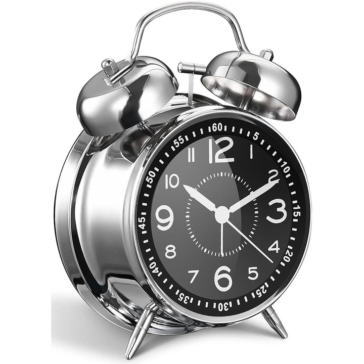 Ceas desteptator metalic cu doua clopote, 10,2 cm, silentios, pentru dormitori, functioneaza cu baterii