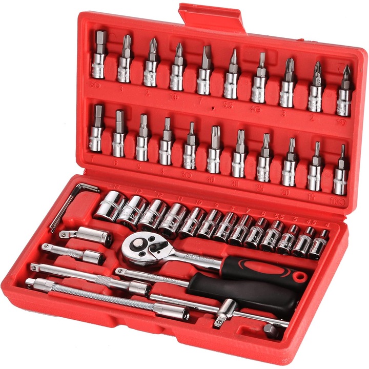 Set de chei 1/4", 46 piese, chrome vanadium, diverse extensii, rosu