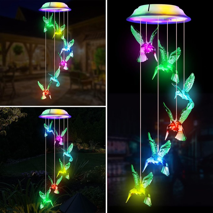 Clopotei solari colibri, 12 LED-uri, multicolor, rezistent la apa, decorare interioara si exterioara