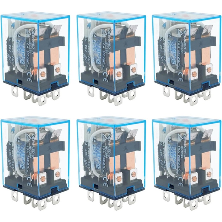 Set 10 mini relee electromagnetice 8 pini 2NO + 2NC, DC12V/24V, AC110V/220V