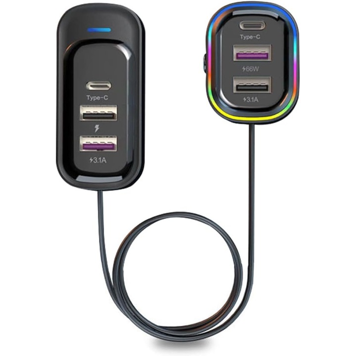 Incarcator USB multifunctional pentru masina, 5 porturi, 18W + 15W, protectie de siguranta, cablu de 1,5m