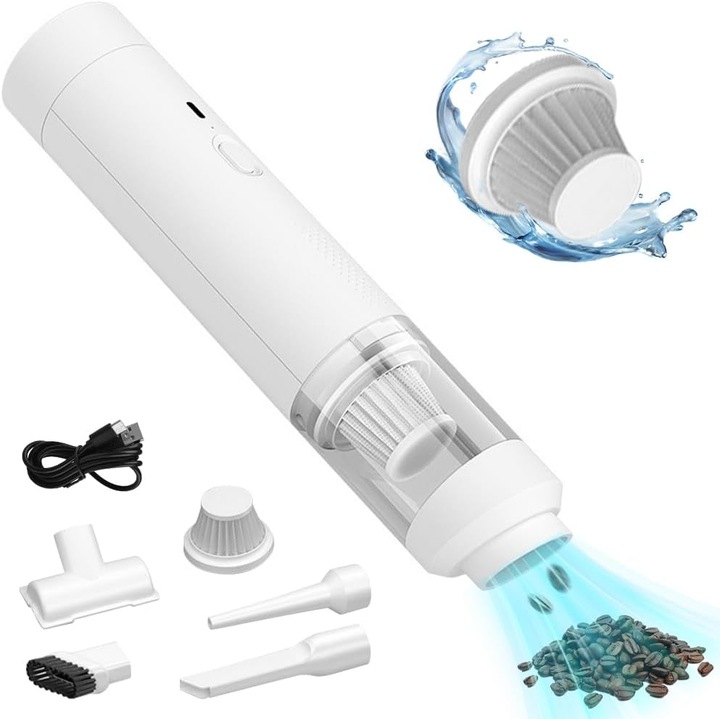 Aspirator portabil multifunctional, 5000 Pa, filtru HEPA lavabil, incarcare USB-C, mini, negru, 20x7x7cm