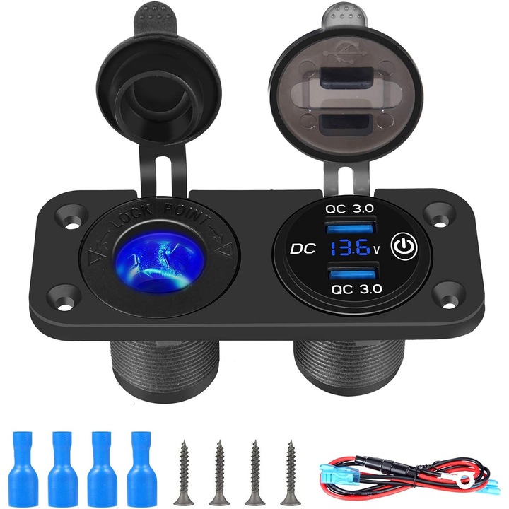 Incarcator auto USB QC3.0 cu 2 porturi, 18W, impermeabil, cu intrerupator tactil, 12V-24V