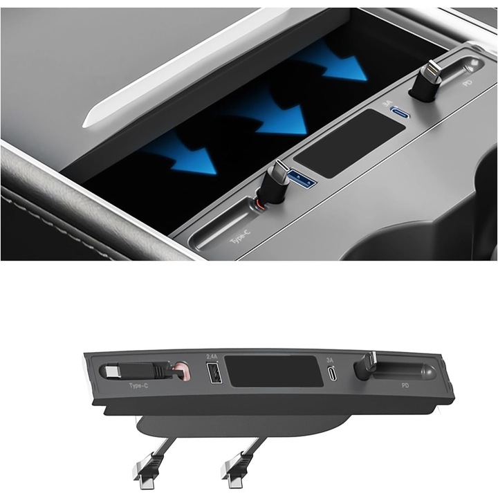 Hub USB pentru Tesla Model 3/Y, 4 porturi, incarcare rapida, cabluri retractabile, dimensiuni compacte