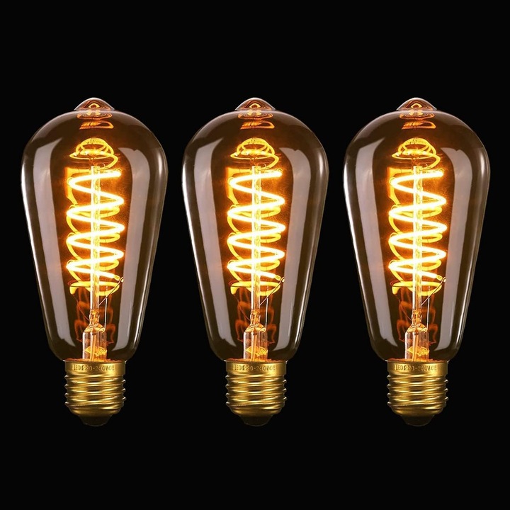 Bec LED spirala flexibila ST64 15W, filament, culoare ambra vintage, soclu E27, 220-240V