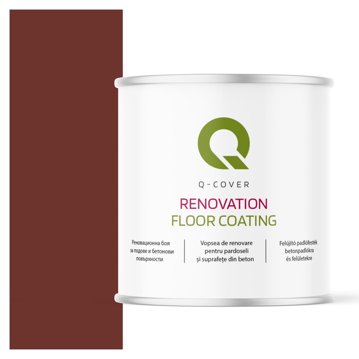 Vopsea de renovare pentru pardoseli si suprafete din beton, Q-Cover, Visiniu RAL3009, mat, rezistenta la abraziune, zgarieturi si uzura, rezistenta la UV, elastica, culoare de lunga durata, 2.5L